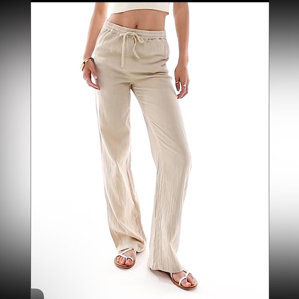 Gauzy Wide Leg Crinkle High Waist Drawstring Pants Natural Ivory Italy S